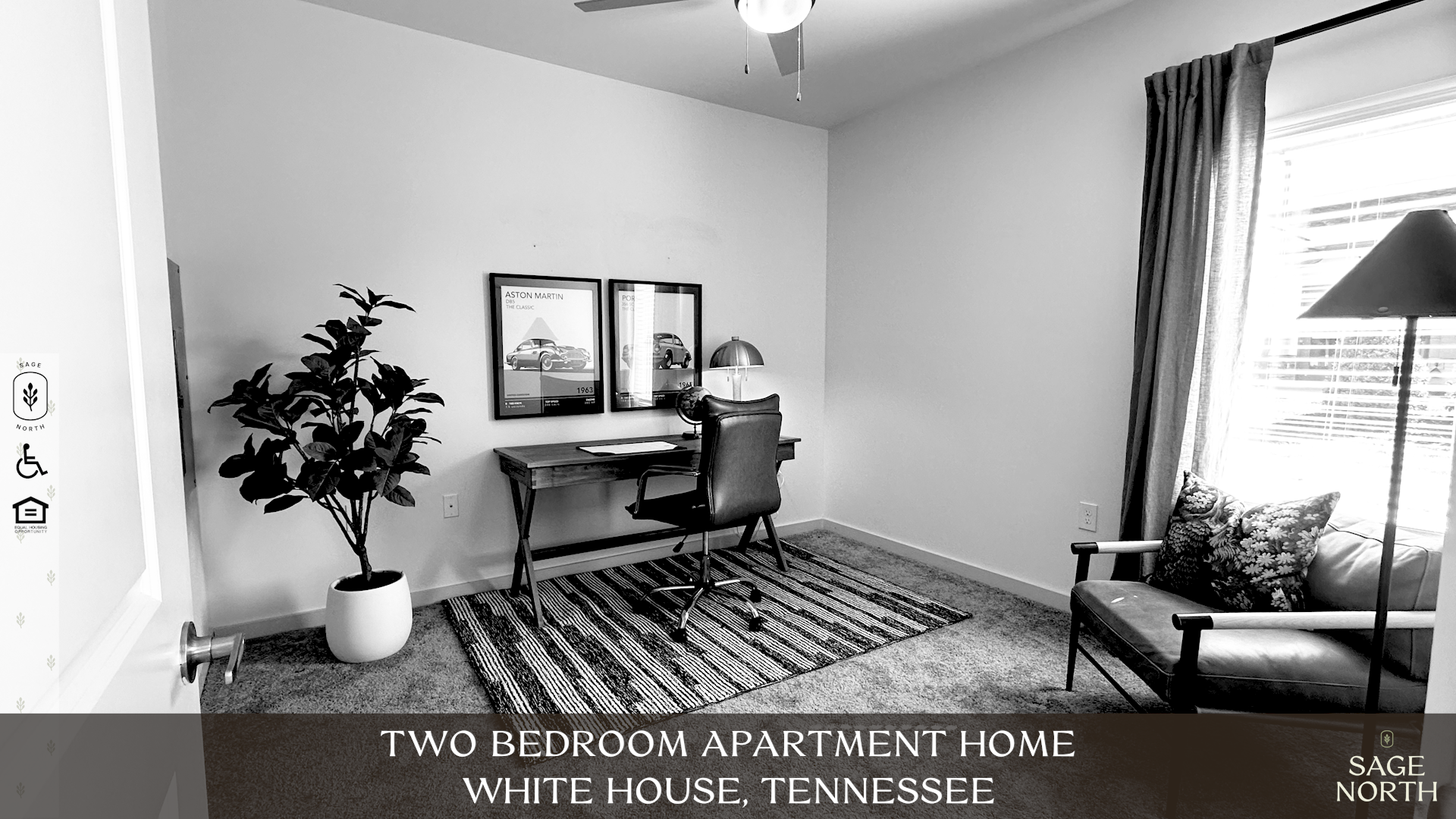 2nd bedroom of Parkway floor plan apartment home set up as a home office