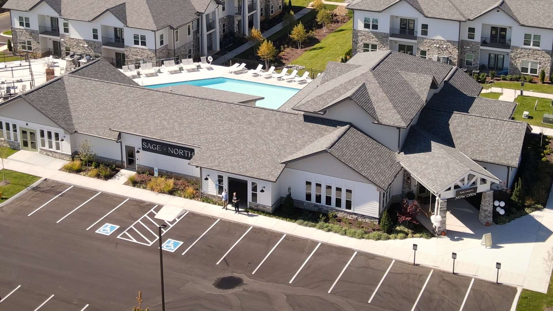 Aerial view of clubhouse and pool at Sage North apartment community in White House, Tennessee Aerial view of clubhouse and pool at Sage North apartment community in White House, Tennessee