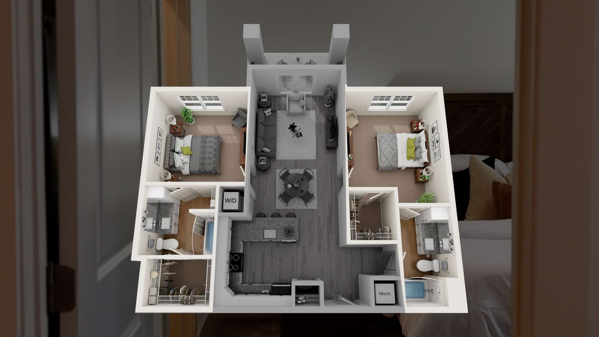 Graphic of 2 Bedroom Channel Apartment, highlighting the equally divided bedrooms at Sage North in White House, TN Graphic of 2 Bedroom Channel Apartment, highlighting the equally divided bedrooms at Sage North in White House, TN