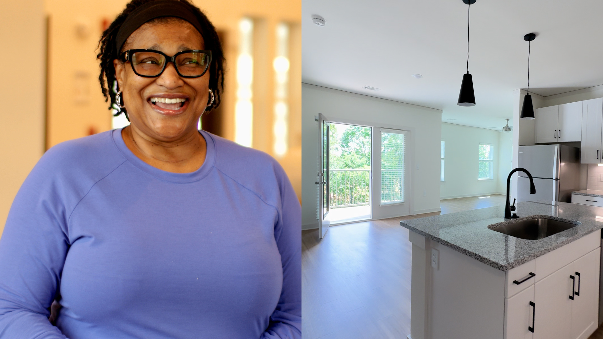 Resident of Sage North Apartments in White House, TN smiles on-camera on the left side of a split screen image. On the right is a view of the kitchen and living area of a 2B/2B apartment home.