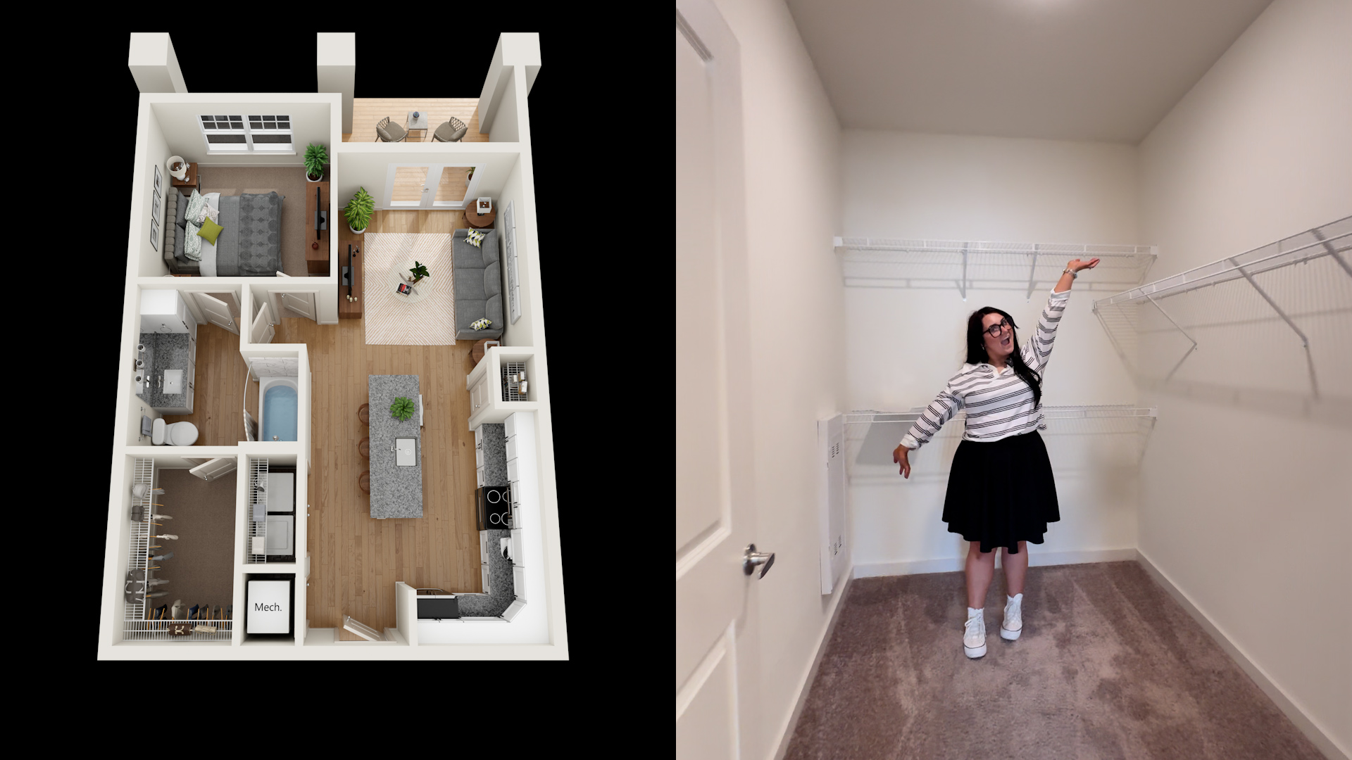 Leasing Agent Giving Tour of Walk-In Closet of 1B/1B Apartment Home at Sage North in White House, TN
