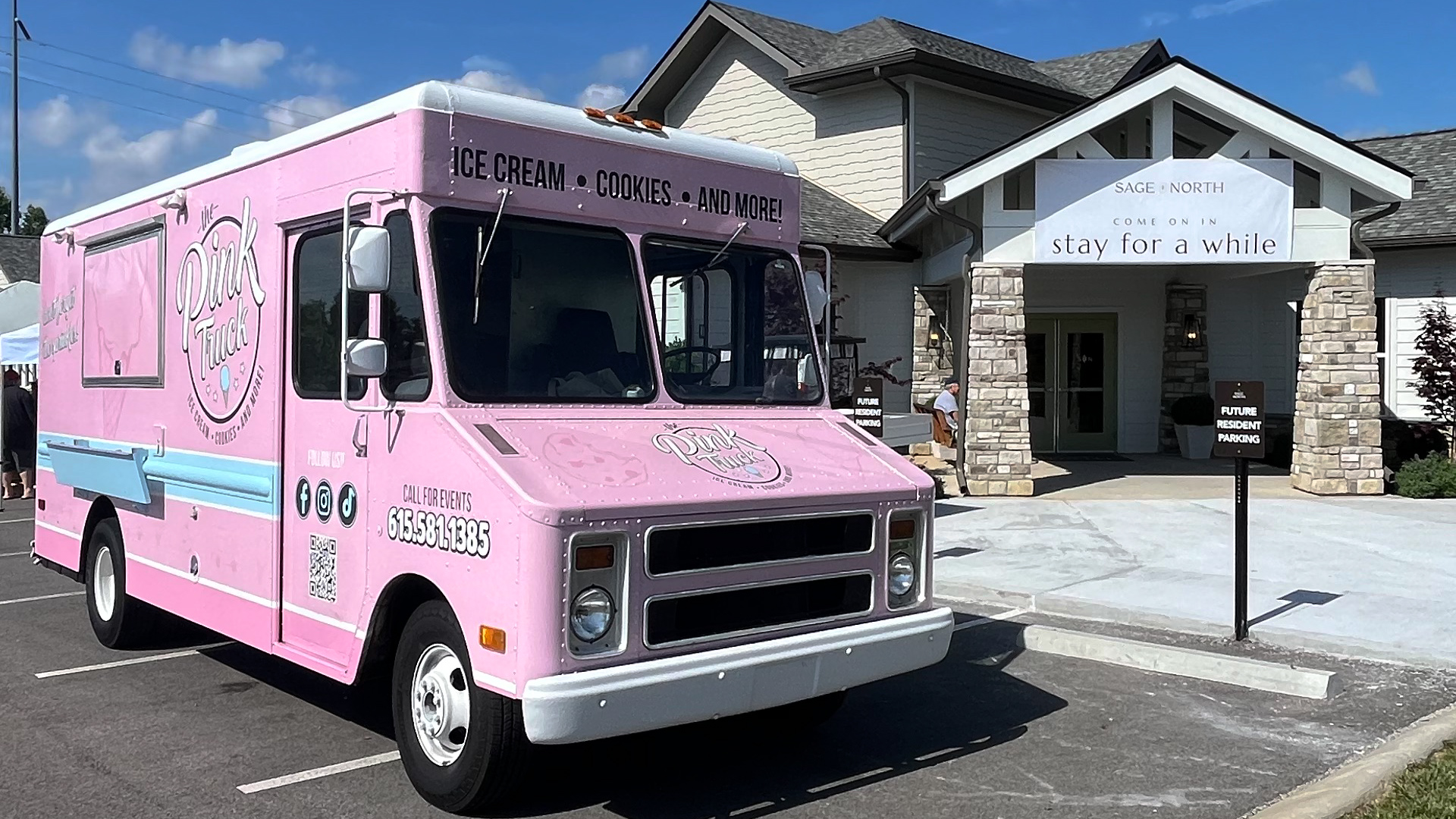 The Pink Truck Food Truck parked in front of the Sage North  Clubhouse for our first apartment community yard sale.