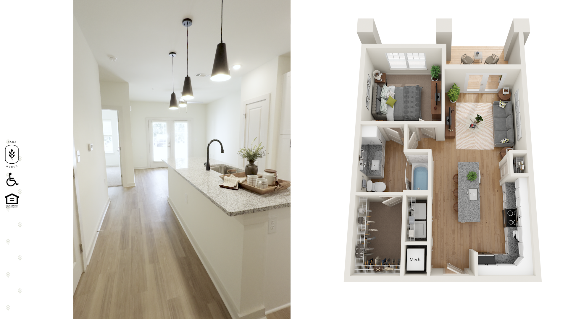 View of Open Concept Kitchen and Living Area of Lane Floor Plan, and graphic of Lane Floor Plan map