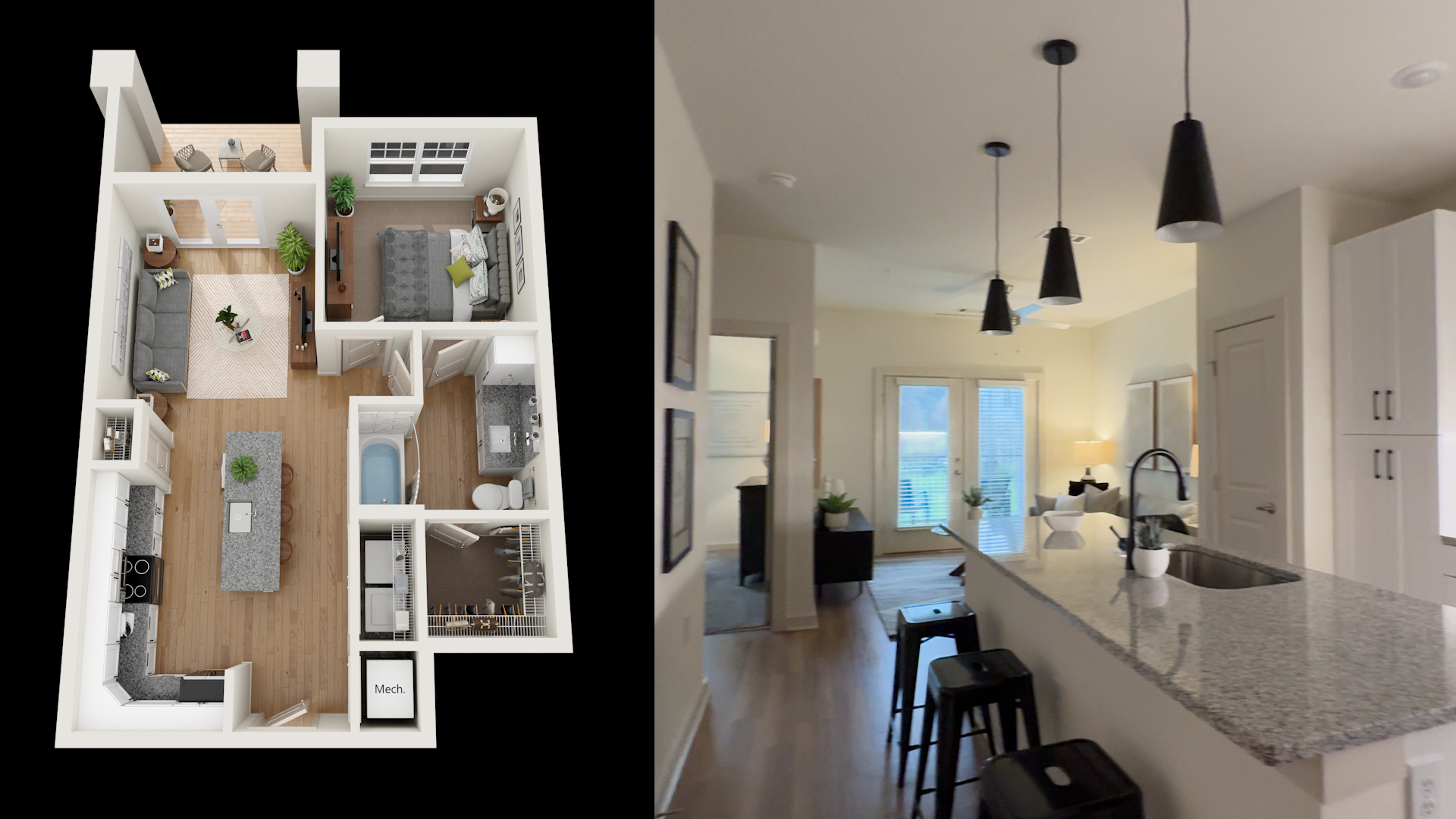 Alley Floor Plan Map and View of Open Concept Kitchen and Living Area