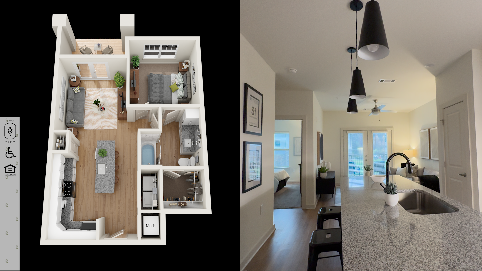 Alley Floor Plan view of open concept kitchen and living space, with graphic of 3D floor plan map. Alley Floor Plan view of open concept kitchen and living space, with graphic of 3D floor plan map.