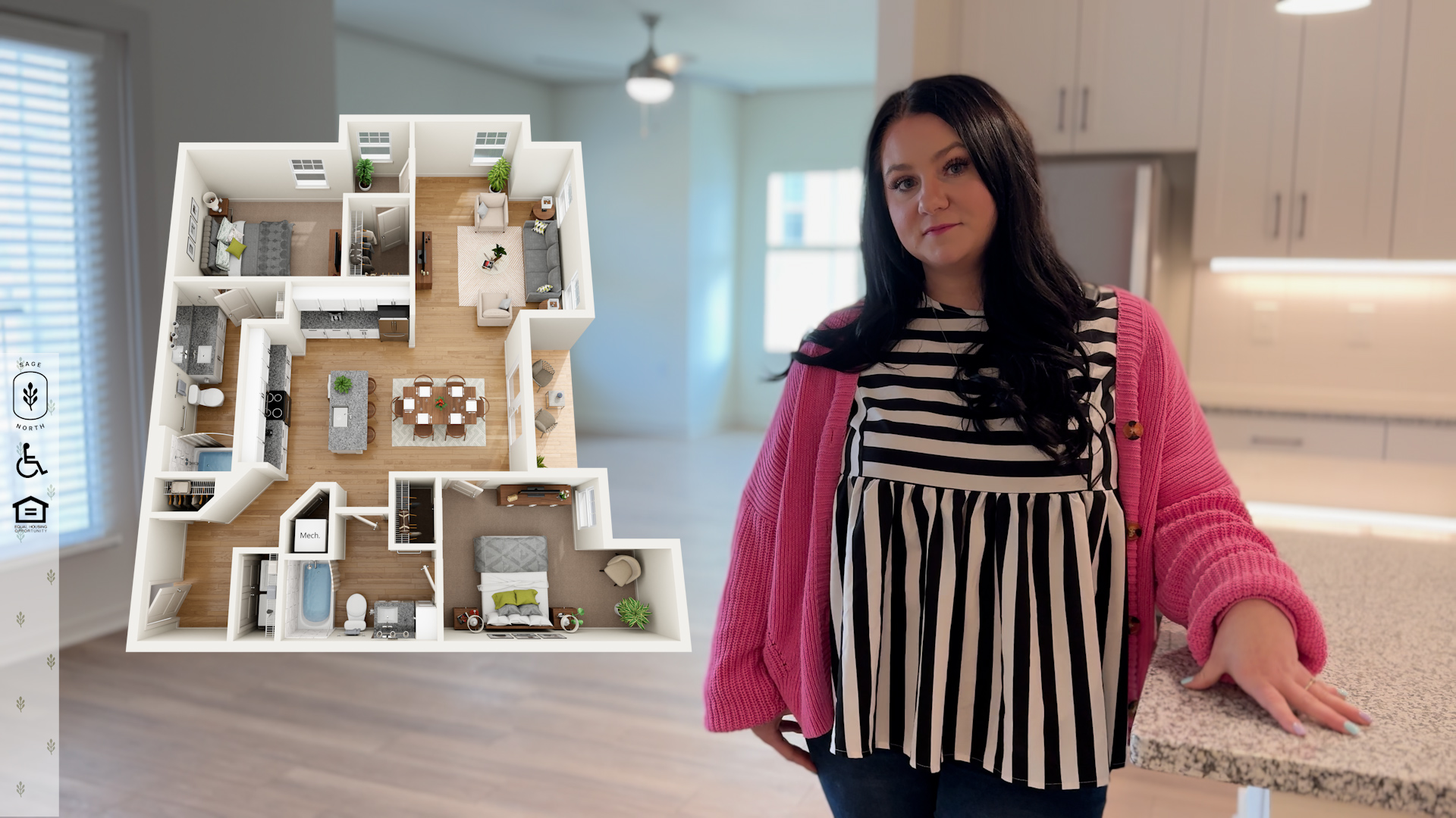 Leasing Agent stands in the kitchen of the 2B/2B Parwkay Floor plan apartment home, with an on screen graphic of the 3D layout.