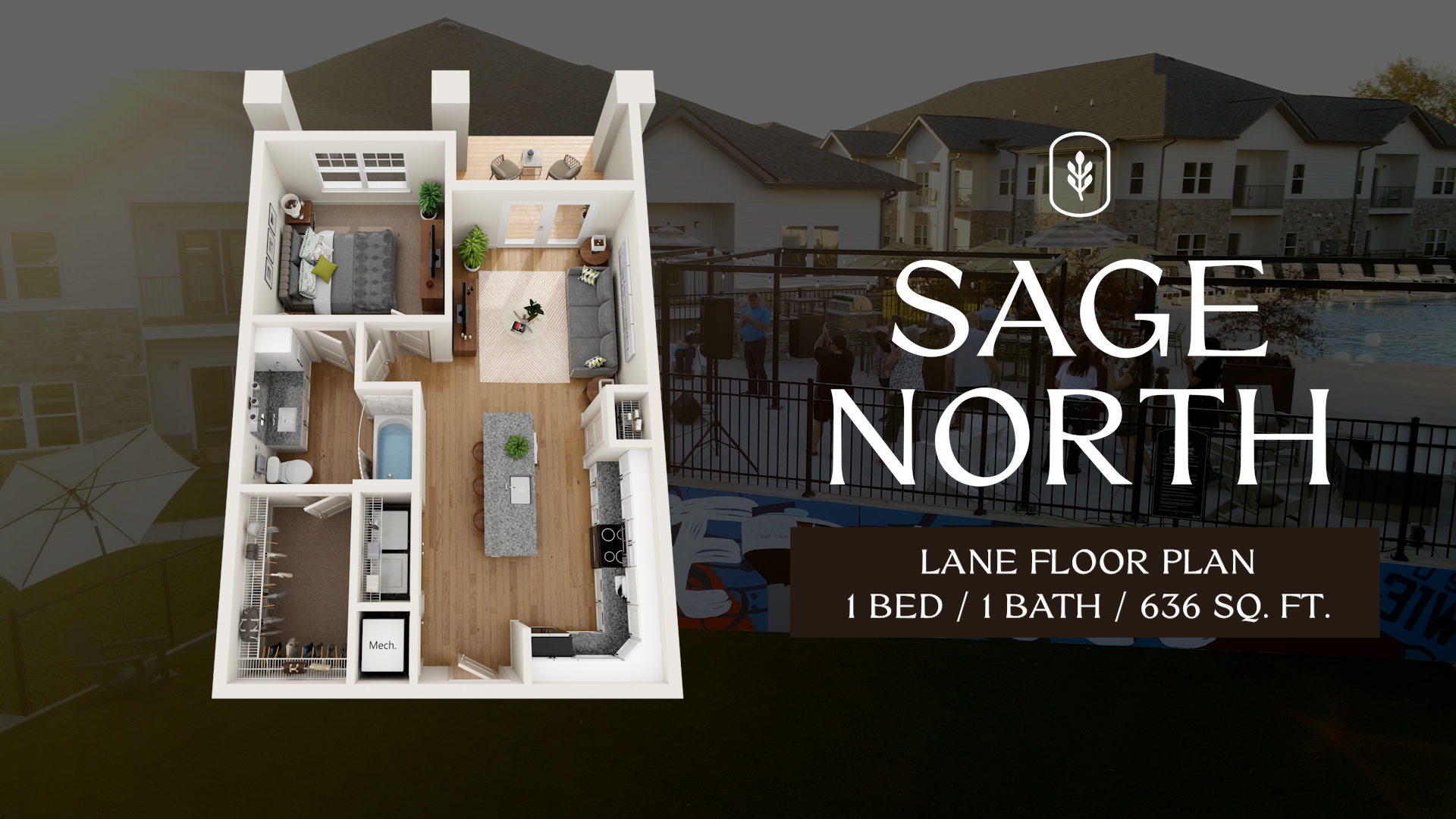 3D graphic of floor plan layout, with graphic text 