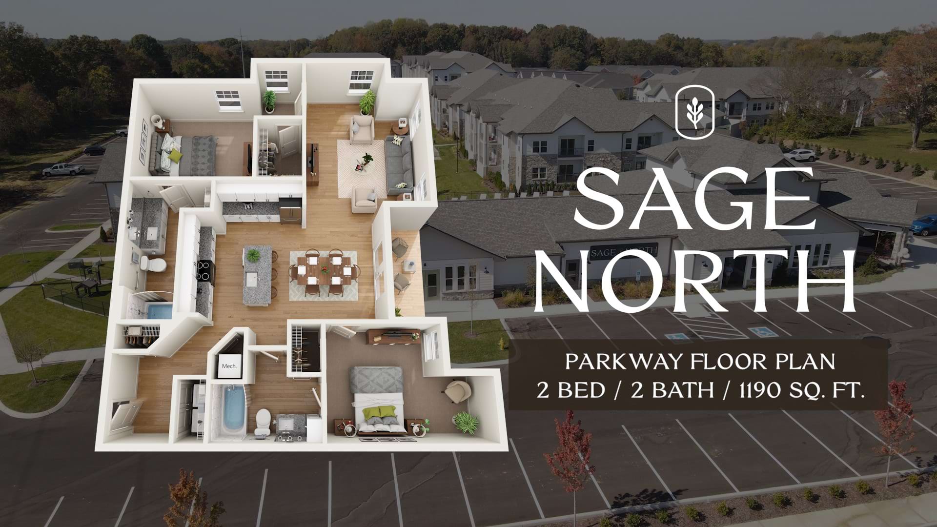 Graphic of Parkway Floor Plan, Sage North Logo, and Text identifying floorplan