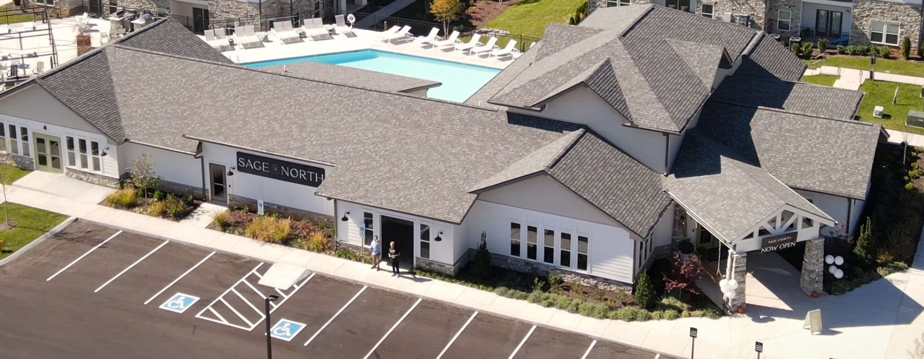 Aerial view of clubhouse and pool at Sage North apartment community in White House, Tennessee