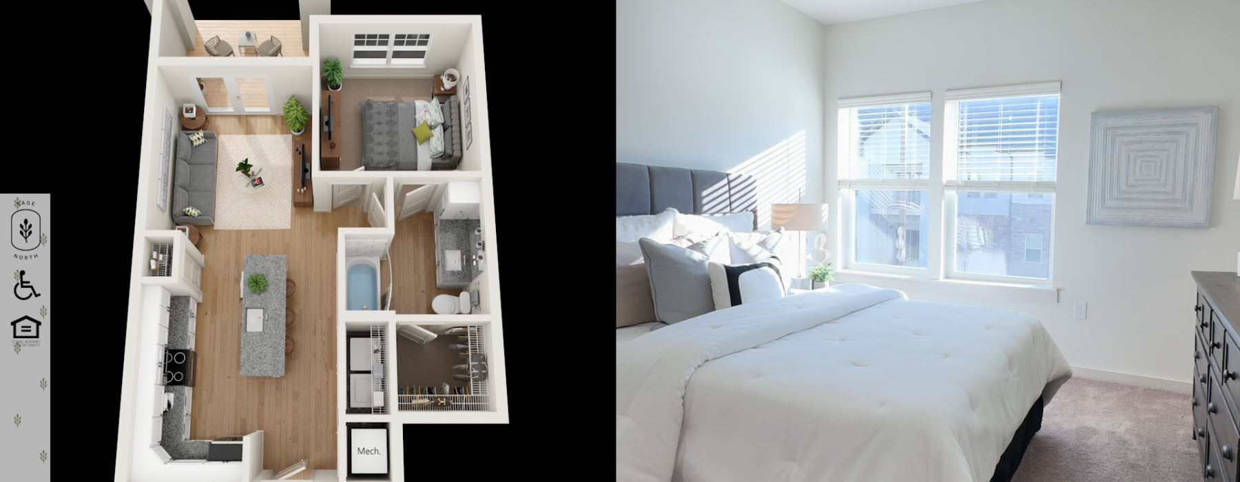 3D Floor Plan Graphic of Alley Floor Plan, next to a wide view of the Alley's bedoorm