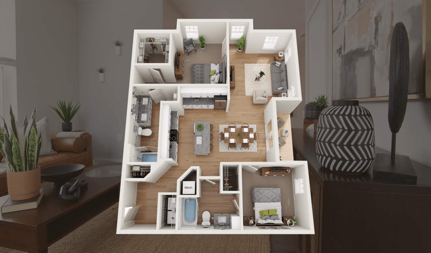 A floor-plan of a 2-bed, 2-bath apartment home overlaid on an image of a living area in an apartment home