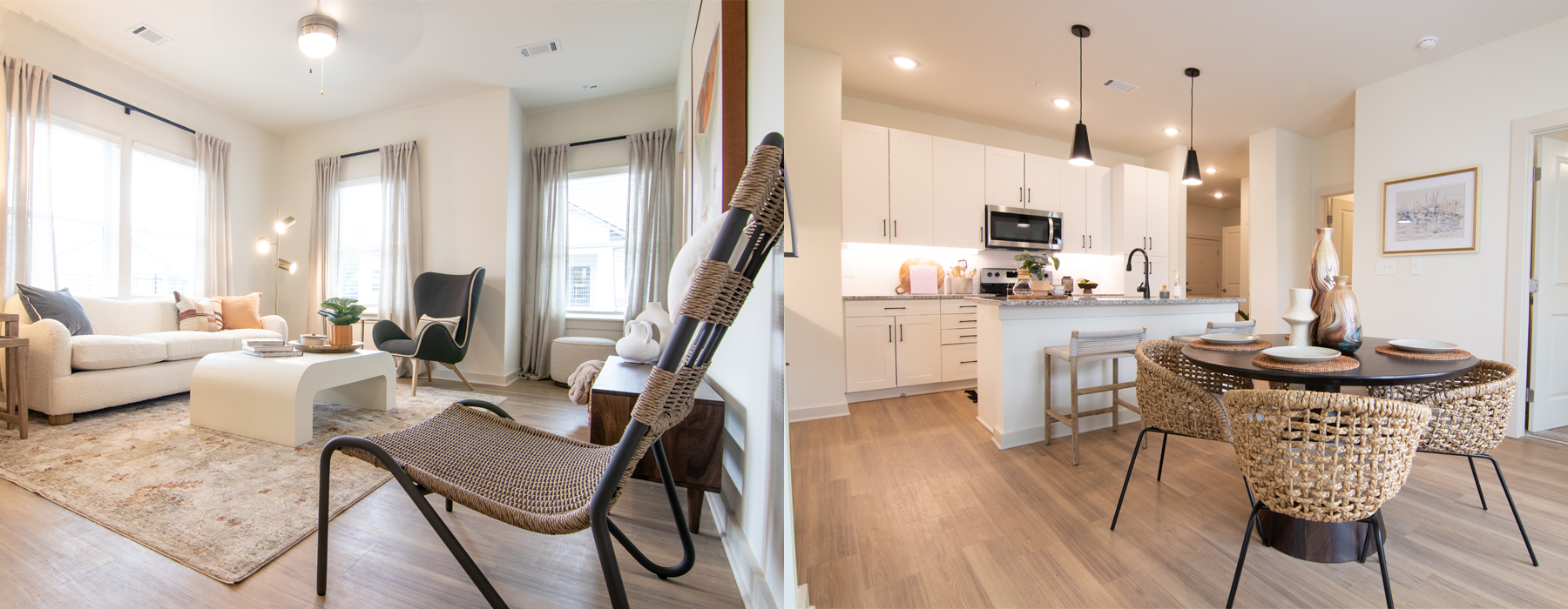 A picture of a bright, open living space in a two bedroom home, next to a picture of open concept kitchen space in a two bedroom home.